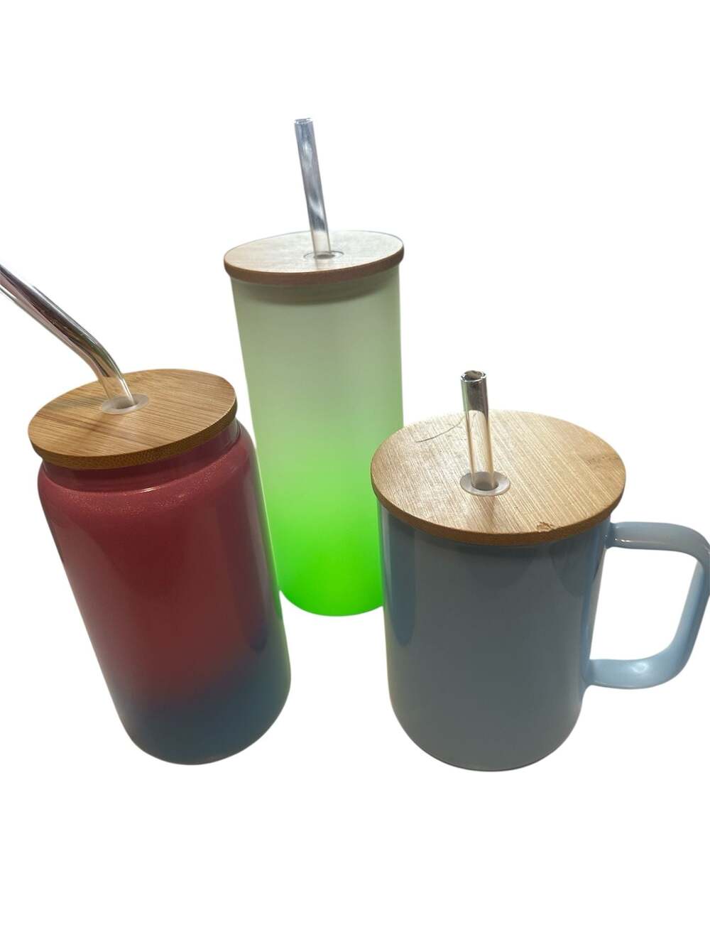 Assorted Glass Tumblers and Mug Set with Bamboo Lids and Glass Straws